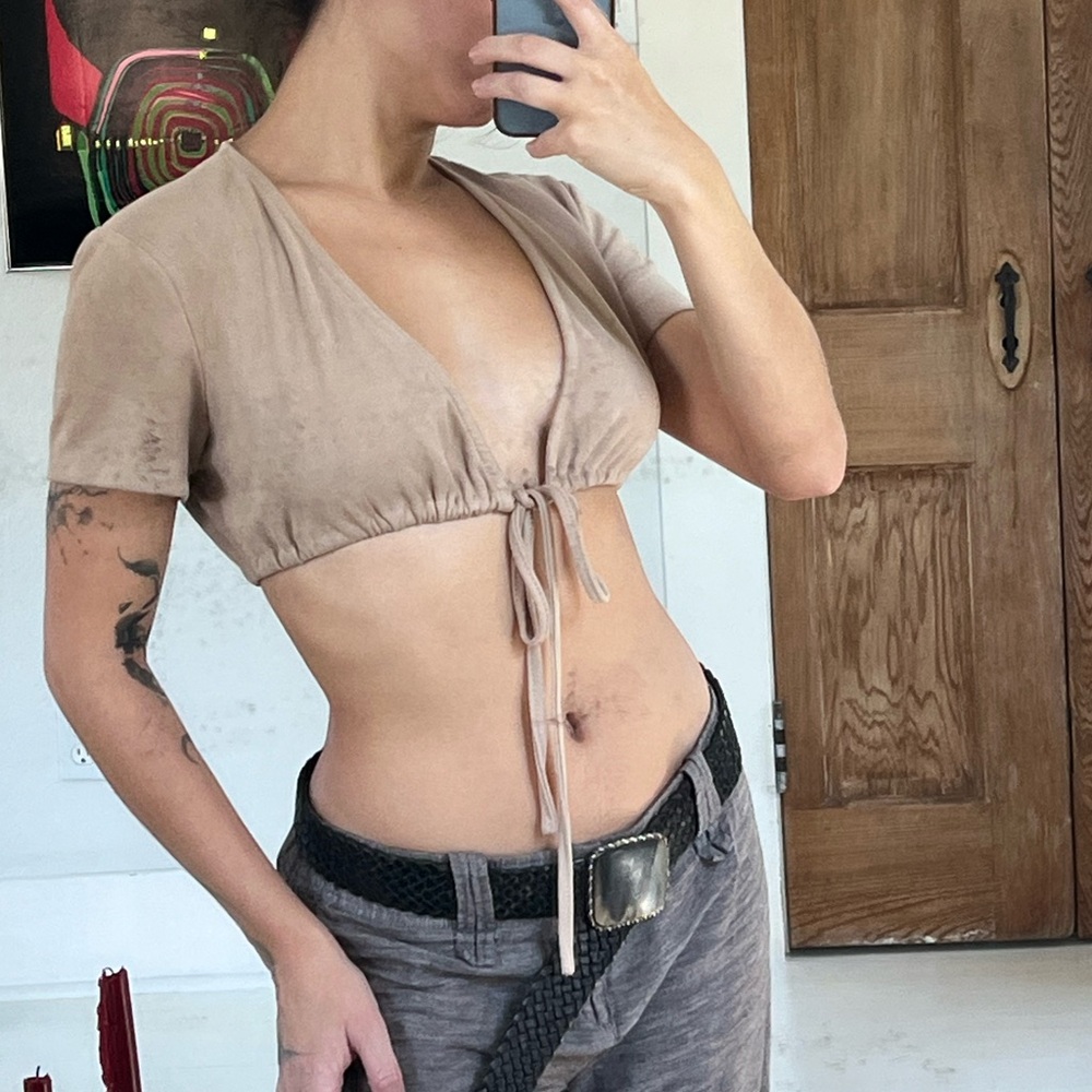 Adika Beige Tie-Front Crop Top